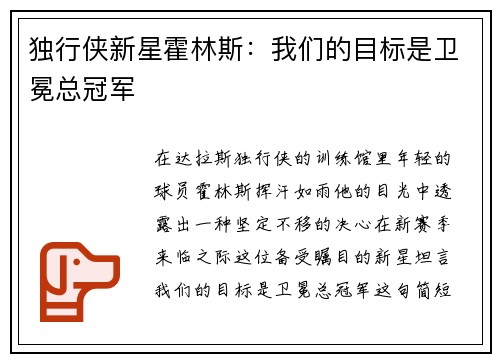 独行侠新星霍林斯：我们的目标是卫冕总冠军